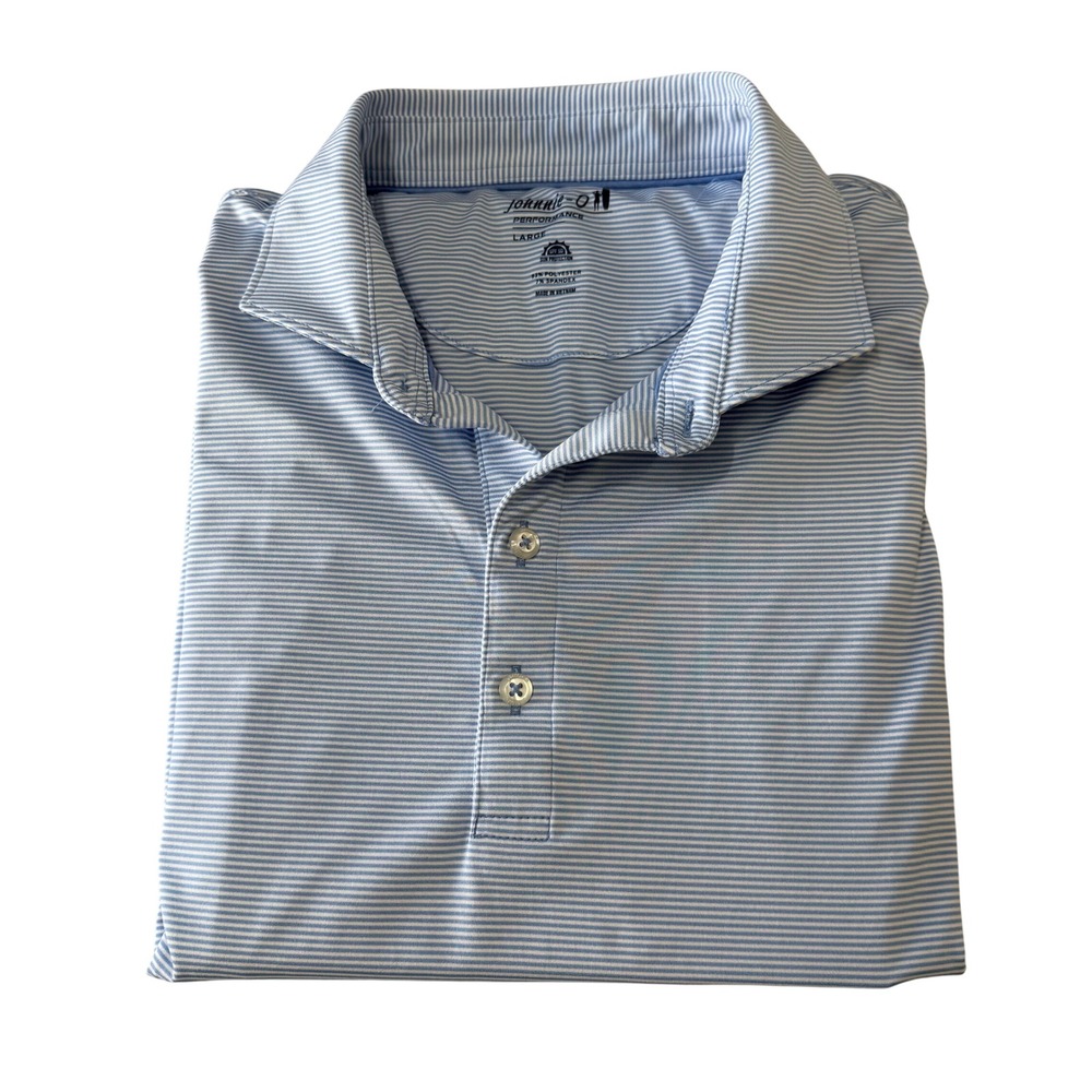 Johnnie O Mens Performance Polo Shirt Light Blue‎ Stripe Short Sleeve Size Large